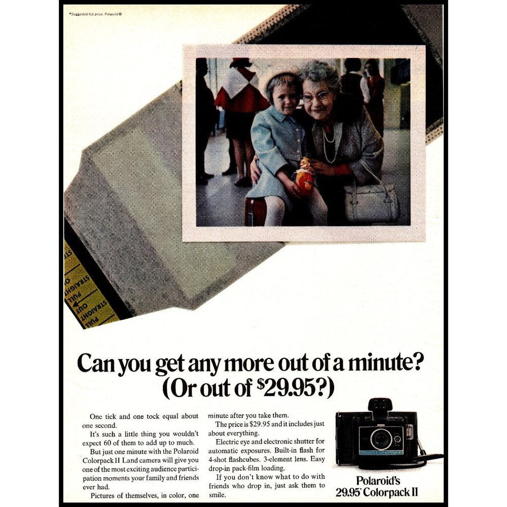 1970 Polaroid Colorpak II Instand Camera Vintage Print Ad Grandma Airport Photo
